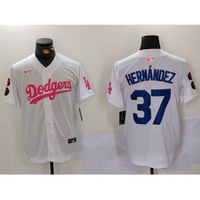 Men Los Angeles Dodgers 37 Teoscar Hernandez White Pink Vin  26 Kobe Patch Stitched Baseball Jersey  2