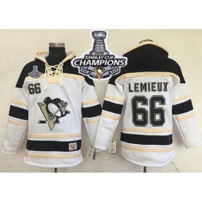 Men Pittsburgh Penguins 66 Mario Lemieux White Sawyer Hooded Sweatshirt 2016 Stanley Cup Final Patch Stitched NHL Jersey