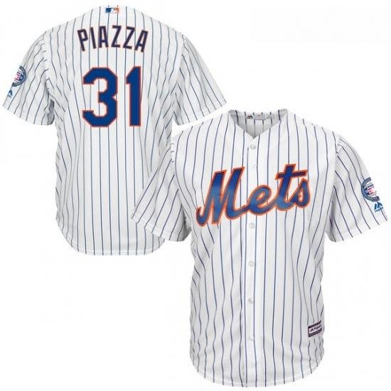 Mens Majestic NeW York Mets 31 Mike Piazza Replica White Home 2016 Hall Of Fame Sleeve Patch Cool Base MLB Jersey