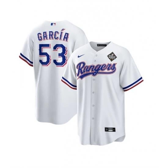 Men Texas Rangers 53 Adolis Garc EDa White 2023 World Series Stitched Baseball Jersey