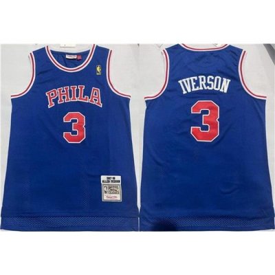 Men Philadelphia 76ers 3 Allen Iverson Blue Throwback Stitched Basketball Jersey