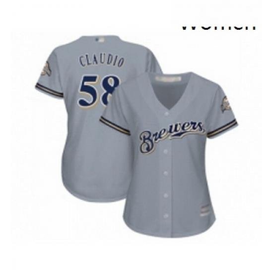 Womens Milwaukee Brewers 58 Alex Claudio Replica Grey Road Cool Base Baseball Jersey