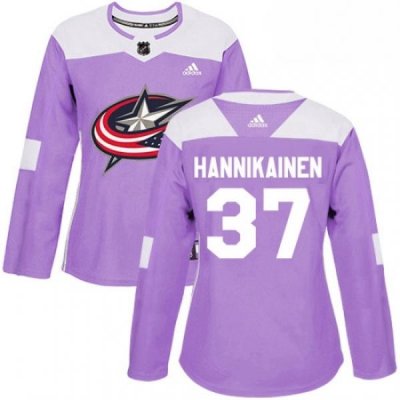 Womens Adidas Columbus Blue Jackets 37 Markus Hannikainen Authentic Purple Fights Cancer Practice NHL Jersey