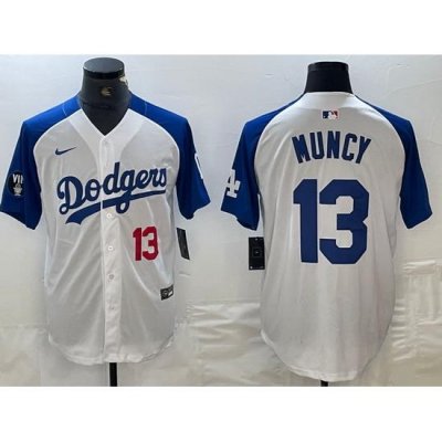 Men Los Angeles Dodgers 13 Max Muncy White Blue Vin Patch Cool Base Stitched Baseball Jersey