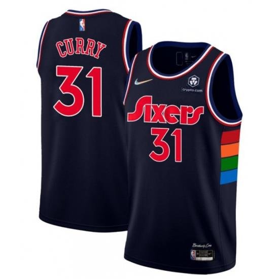 Men Philadelphia 76ers 31 Seth Curry 2021 22 City Edition Navy 75th Anniversary Stitched Swingman Jersey