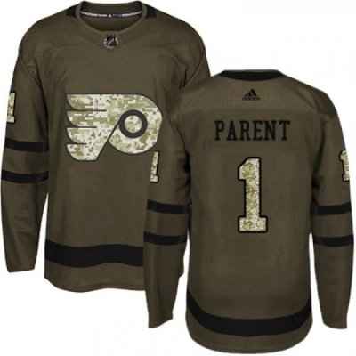 Youth Adidas Philadelphia Flyers 1 Bernie Parent Premier Green Salute to Service NHL Jersey