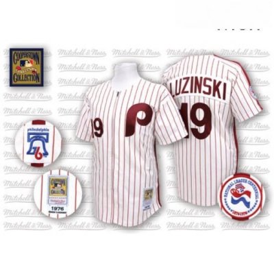 Mens Mitchell and Ness Philadelphia Phillies 19 Greg Luzinski Replica WhiteRed Strip Throwback MLB Jersey