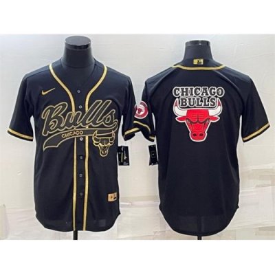 Men Chicago Bulls Black Gold Team Big Logo Cool Base Stitched Baseball Jersey