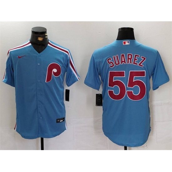 Men Philadelphia Phillies 55 Ranger Suarez Blue Cool Base Stitched Jersey