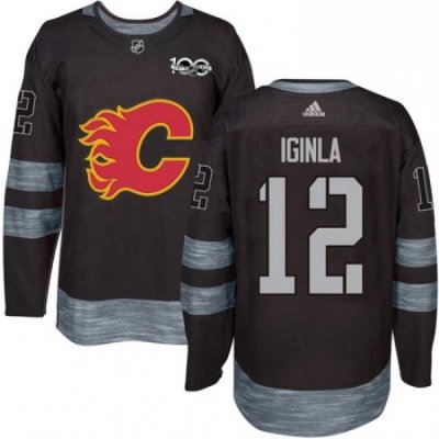 Mens Adidas Calgary Flames 12 Jarome Iginla Authentic Black 1917 2017 100th Anniversary NHL Jersey