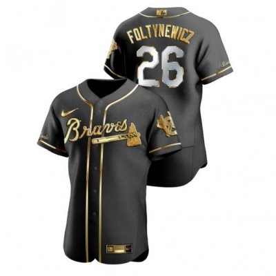 Men Atlanta Braves 26 Mike FoltyneWicz Black Gold 2020 Nike Flexbase Jersey