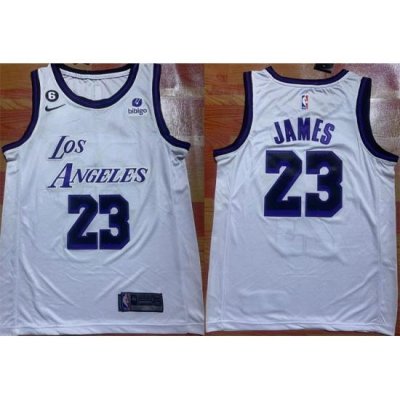 Men Los Angeles Lakers 23 LeBron James 2022 23 White With NO 6 Patch Stitched Basketball Jersey