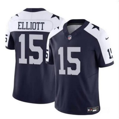 Men Dallas Cowboys 15 Ezekiel Elliott Navy White 2023 F U S E Thanksgiving Vapor Limited Stitched Football Jersey