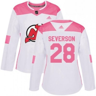 Womens Adidas New Jersey Devils 28 Damon Severson Authentic WhitePink Fashion NHL Jersey