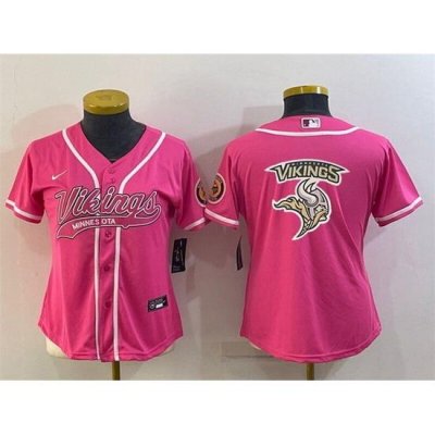 Women Minnesota Vikings Pink Team Big Logo With Patch Cool Base Stitched Baseball Jersey