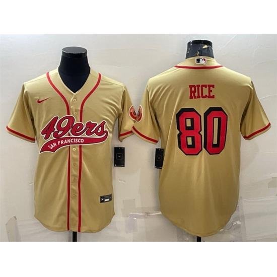 Men San Francisco 49ers 80 Jerry Rice New Gold With Patch Cool Base Stitched Baseball Jersey