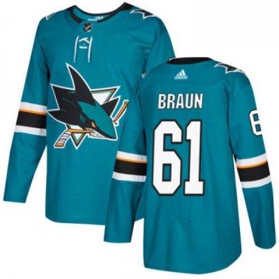 Mens Adidas San Jose Sharks 61 Justin Braun Authentic Teal Green Home NHL Jersey