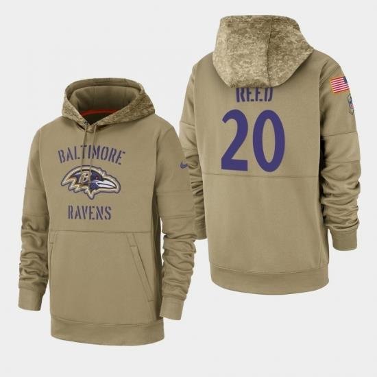 Mens Baltimore Ravens 20 Ed Reed 2019 Salute to Service Sideline Therma Pullover Hoodie Tan