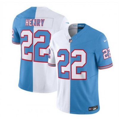 Men Tennessee Titans 22 Derrick Henry White Blue 2023 F U S E  Split Vapor Limited Throwback Stitched Football Jersey