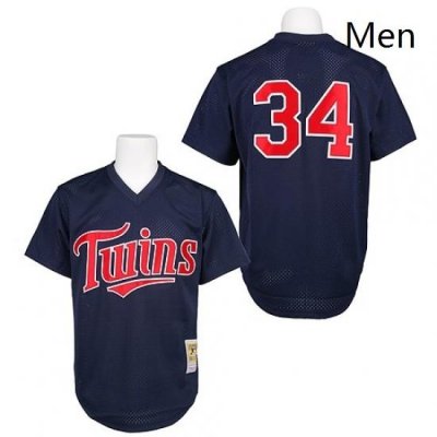 Mens Mitchell and Ness 1991 Minnesota TWins 34 Kirby Puckett Authentic Navy Blue ThroWback MLB Jersey