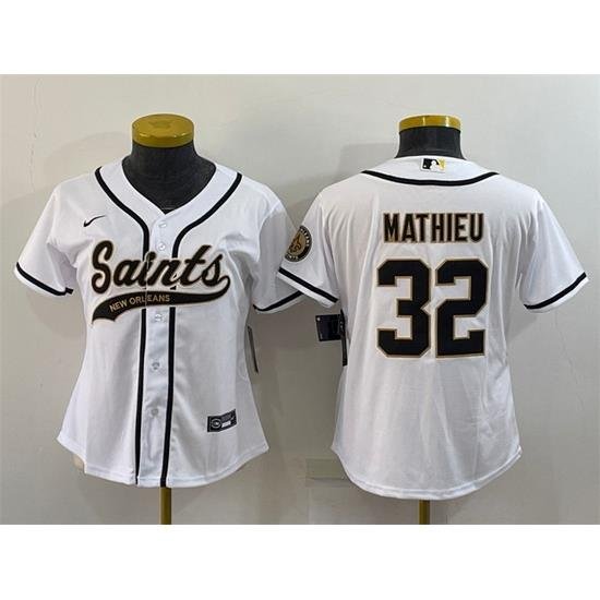 Women New Orleans Saints 32 Tyrann Mathieu White With Patch Cool Base Stitched Baseball Jersey