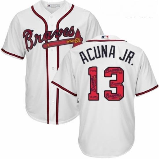 Mens Majestic Atlanta Braves 13 Ronald Acuna Jr Authentic White Team Logo Fashion Cool Base MLB Jersey