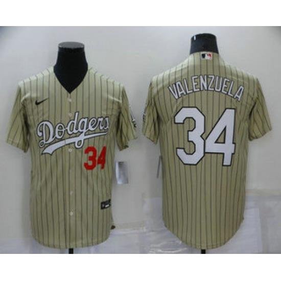 Men's Los Angeles Dodgers #34 Fernando Valenzuela Cream Pinstripe Stitched MLB Cool Base Nike Jersey