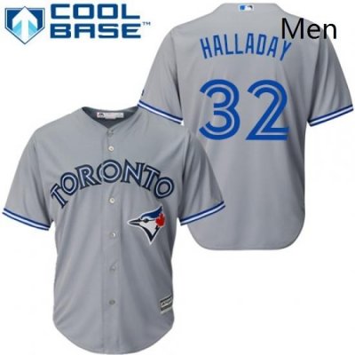 Mens Majestic Toronto Blue Jays 32 Roy Halladay Replica Grey Road MLB Jersey