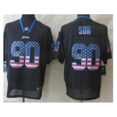 Nike Detroit Lions 90 Ndamukong Suh Black Elite USA Flag Fashion NFL Jersey