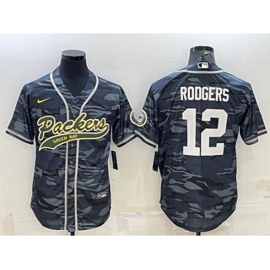 Men Green Bay Packers 12 Aaron Rodgers Grey Camo With Patch Cool Base Stitched Baseball Jersey