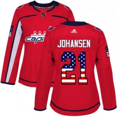 Womens Adidas Washington Capitals 21 Lucas Johansen Authentic Red USA Flag Fashion NHL Jersey