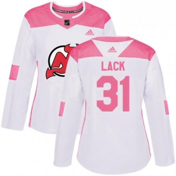 Womens Adidas New Jersey Devils 31 Eddie Lack Authentic White Pink Fashion NHL Jersey