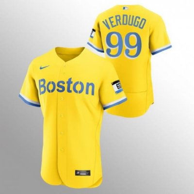 Men Boston Red Sox 99 Alex Verdugo Men Nike 2021 City Connect Gold Authentic MLB Jersey   No Name