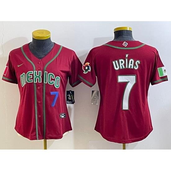 Women's Mexico Baseball #7 Julio Urias Number 2023 Red World Baseball Classic Stitched Jersey3