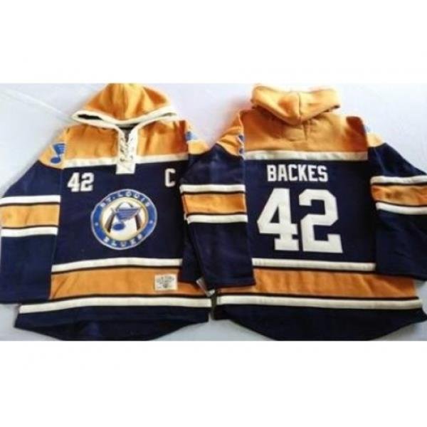 St. Louis Blues 42 David Backes Navy Blue Gold Sawyer Hooded Sweatshirt Stitched Jersey