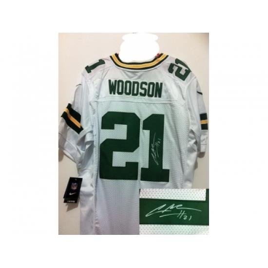 Nike Green Bay Packers 21 Charles Woodson White Elite Signed NFL Jersey