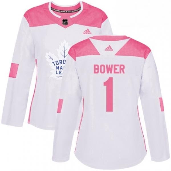 Womens Adidas Toronto Maple Leafs 1 Johnny Bower Authentic WhitePink Fashion NHL Jersey