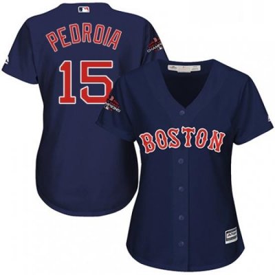 Womens Majestic Boston Red Sox 15 Dustin Pedroia Authentic Navy Blue Alternate Road 2018 World Series Champions MLB Jersey