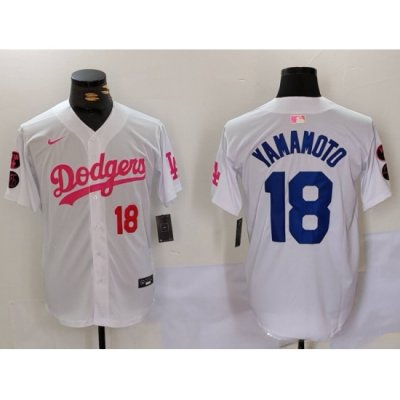 Men Los Angeles Dodgers 18 Yoshinobu Yamamoto White Pink Vin  26 Kobe Patch Stitched Baseball Jerseys