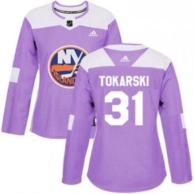 Womens Adidas New York Islanders 31 Dustin Tokarski Authentic Purple Fights Cancer Practice NHL Jersey