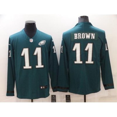 Men Philadelphia Eagles 11 A J Brown Green Therma Long Sleeve Stitched jersey