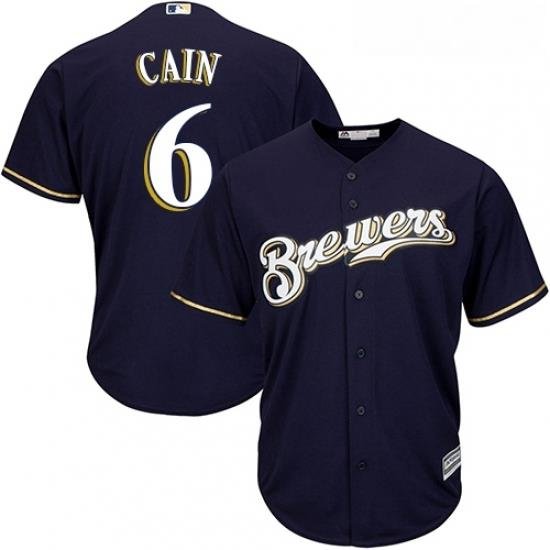 Youth Majestic Milwaukee Brewers 6 Lorenzo Cain Replica Navy Blue Alternate Cool Base MLB Jersey