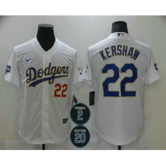 Men Los Angeles Dodgers 22 Clayton KershaW Red Number White Gold 2 20 Patch Stitched MLB Cool Base Nike Jersey