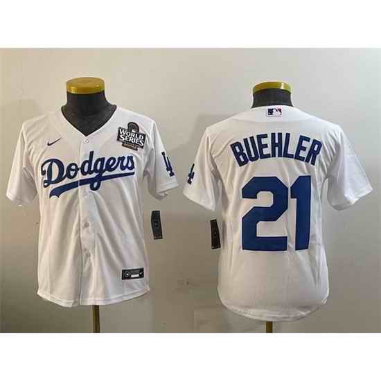 Women Los Angeles Dodgers 21 Walker Buehler White 2024 World Series Cool Base Stitched Baseball Jersey