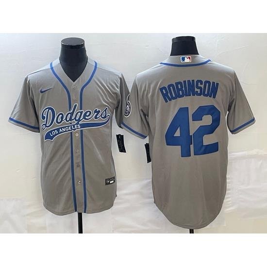 Men's Los Angeles Dodgers #42 Jackie Robinson Grey With Patch Cool Base Stitched Baseball Jersey1