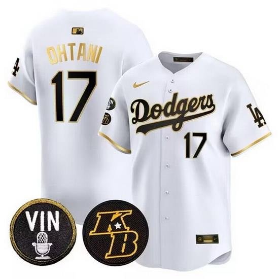 Men Los Angeles Dodgers 17 Shohei Ohtani White Gold Vin  26 Kobe Patch Cool Base Stitched Baseball Jersey