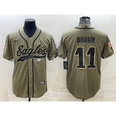 Men Philadelphia Eagles 11 A J  Brown Olive 2022 Salute To Service Cool Base Stitched Baseball Jersey