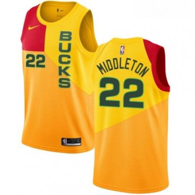 Womens Nike Milwaukee Bucks 22 Khris Middleton Swingman Yellow NBA Jersey City Edition