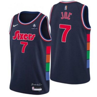 Men Philadelphia 76ers 7 Isaiah Joe 2021 22 City Edition Navy 75th Anniversary Stitched Swingman Jersey