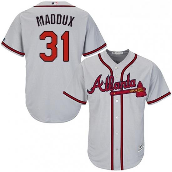 Youth Majestic Atlanta Braves 31 Greg Maddux Replica Grey Road Cool Base MLB Jersey